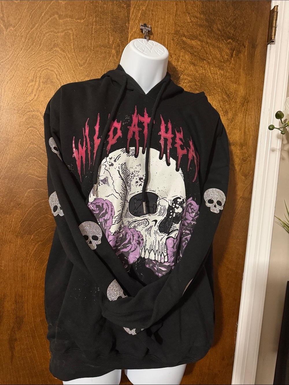 Black Skull Graphic Hoodie with Pink Accents